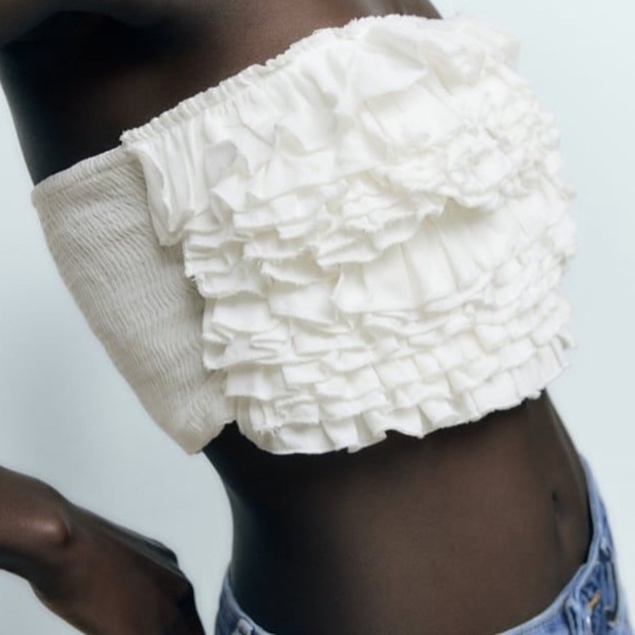 Zara White Ruffle Bandeau Tube Top XS Strapless Cropped Boho Festival - Picture 2 of 5